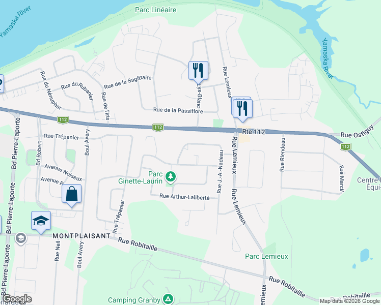map of restaurants, bars, coffee shops, grocery stores, and more near 490 Rue J.-A.-Nadeau in Granby