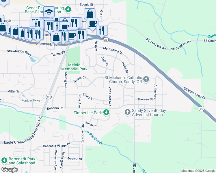 map of restaurants, bars, coffee shops, grocery stores, and more near 18180 Van Fleet Avenue in Sandy