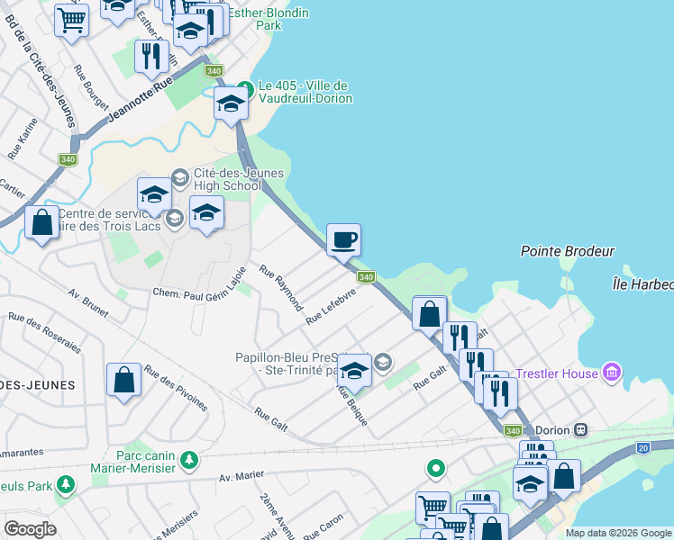 map of restaurants, bars, coffee shops, grocery stores, and more near 360 Avenue Saint-Charles in Vaudreuil-Dorion