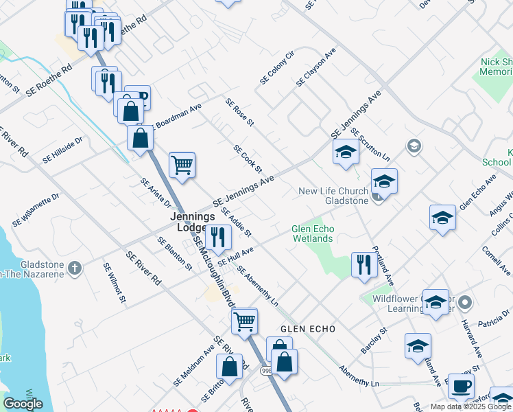 map of restaurants, bars, coffee shops, grocery stores, and more near 18214 Southeast Addie Street in Milwaukie
