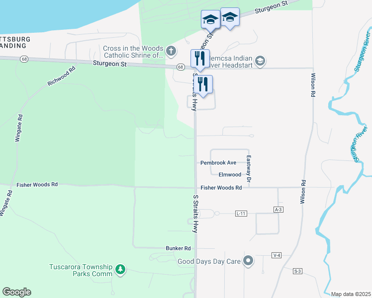map of restaurants, bars, coffee shops, grocery stores, and more near 4878 South Straits Highway in Tuscarora Township