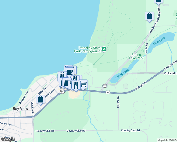 map of restaurants, bars, coffee shops, grocery stores, and more near Tannery Creek Road in Petoskey