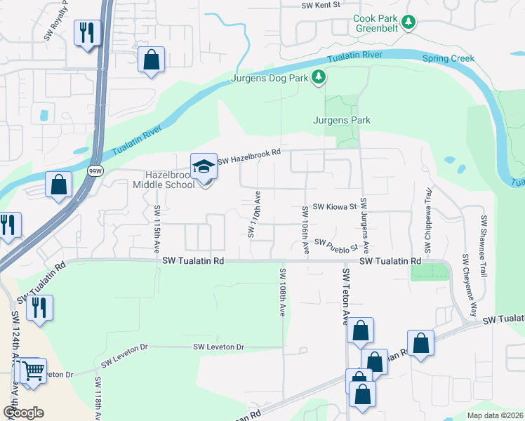 map of restaurants, bars, coffee shops, grocery stores, and more near 17870 Southwest 110th Avenue in Tualatin