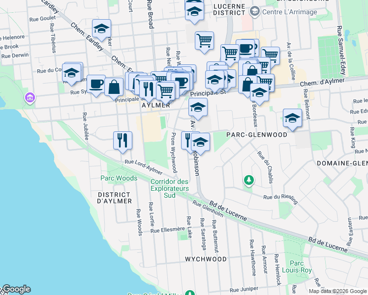 map of restaurants, bars, coffee shops, grocery stores, and more near 24 Rue Lord-Aylmer in Gatineau