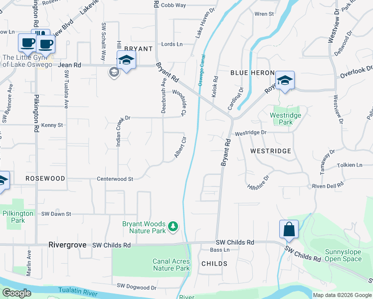 map of restaurants, bars, coffee shops, grocery stores, and more near 4316 Albert Circle in Lake Oswego