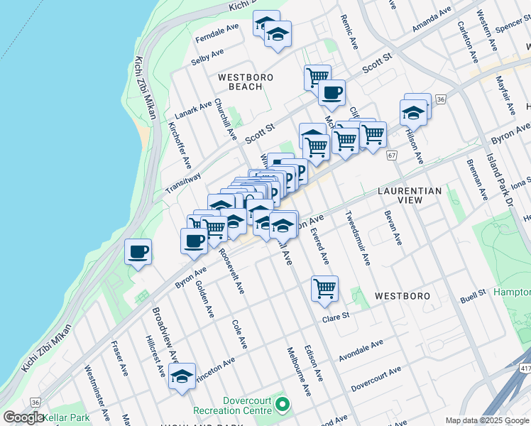 map of restaurants, bars, coffee shops, grocery stores, and more near 366 Richmond Road in Ottawa