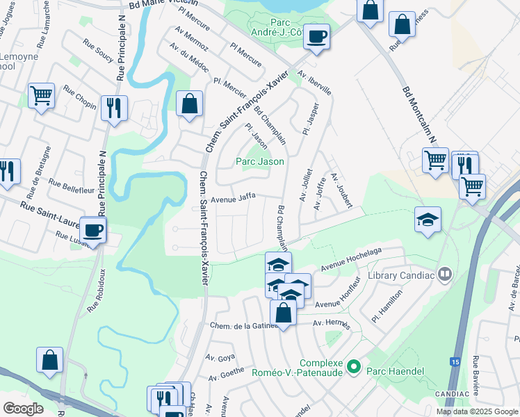 map of restaurants, bars, coffee shops, grocery stores, and more near 7 Avenue Jacques in Candiac