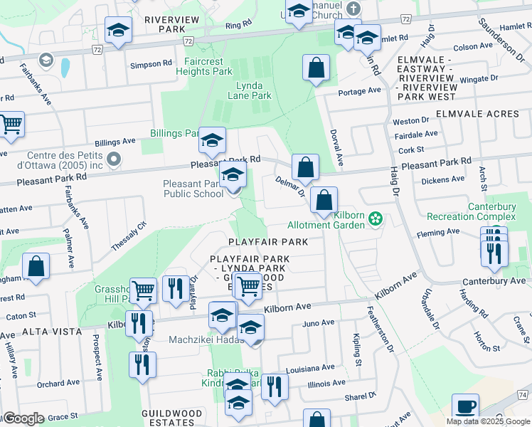 map of restaurants, bars, coffee shops, grocery stores, and more near 1801 Playfair Drive in Ottawa