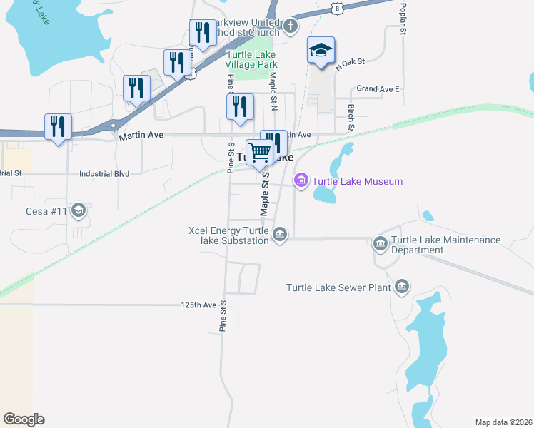 map of restaurants, bars, coffee shops, grocery stores, and more near 410 Maple Street South in Turtle Lake