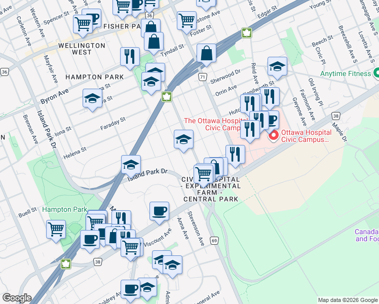 map of restaurants, bars, coffee shops, grocery stores, and more near 402 Holland Avenue in Ottawa