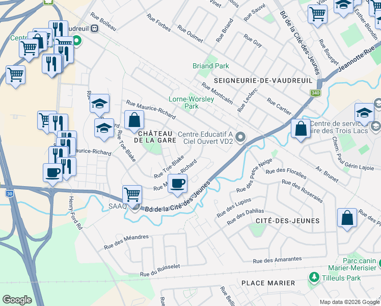 map of restaurants, bars, coffee shops, grocery stores, and more near 232 Rue Toe-Blake in Vaudreuil-Dorion