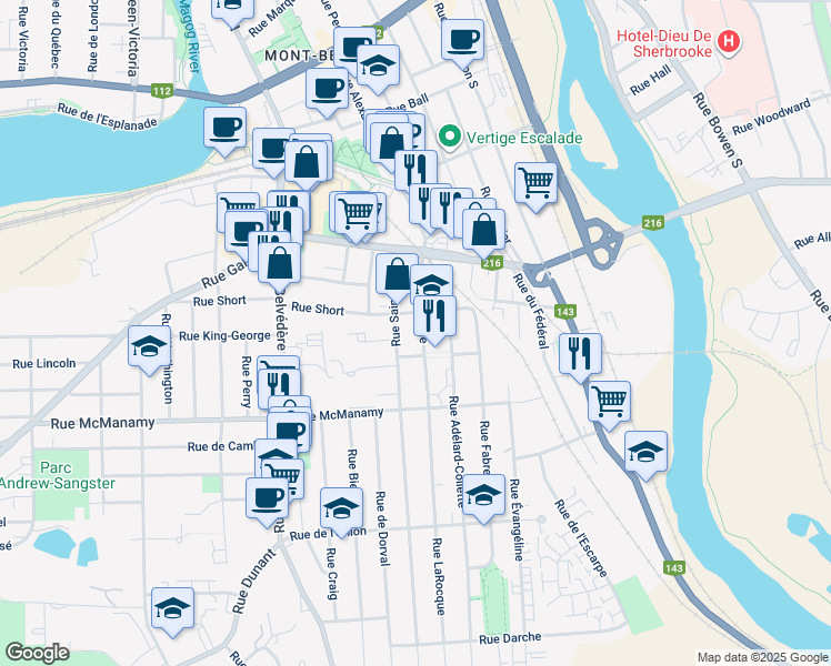 map of restaurants, bars, coffee shops, grocery stores, and more near 935 Rue LaRocque in Sherbrooke