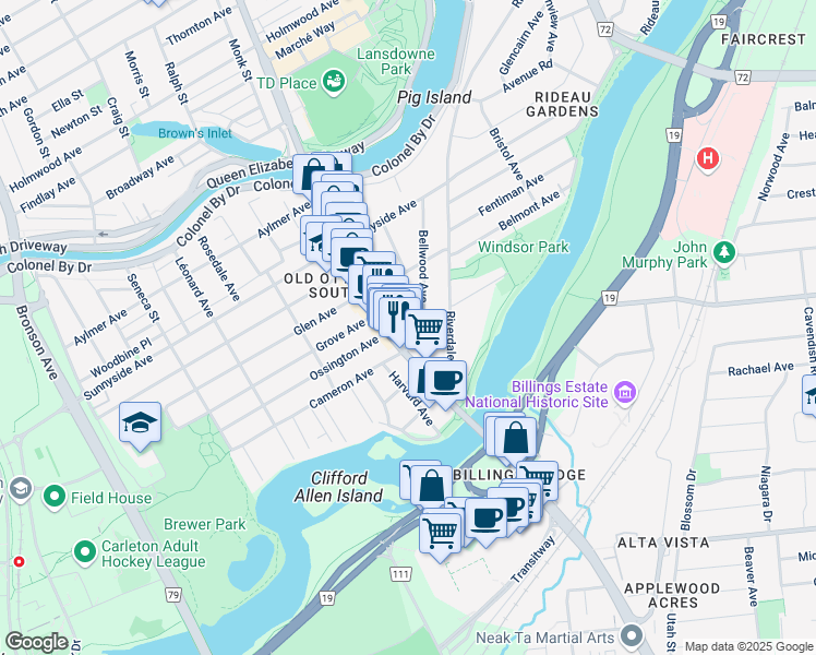 map of restaurants, bars, coffee shops, grocery stores, and more near 68 Willard Street in Ottawa