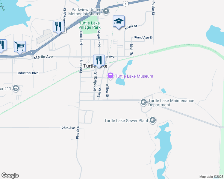 map of restaurants, bars, coffee shops, grocery stores, and more near 237 Willow Street in Turtle Lake