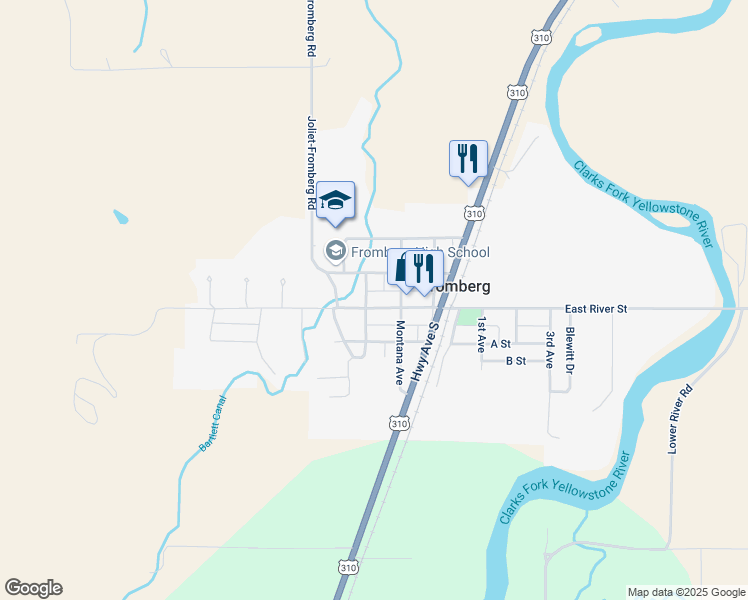 map of restaurants, bars, coffee shops, grocery stores, and more near 219 West River Street in Fromberg