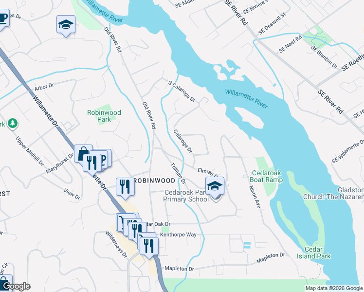 map of restaurants, bars, coffee shops, grocery stores, and more near 4584 Calaroga Drive in West Linn