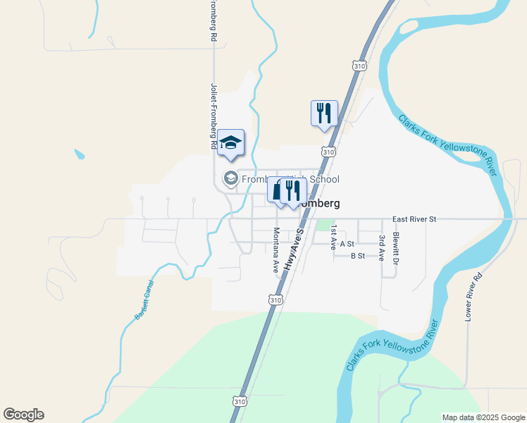 map of restaurants, bars, coffee shops, grocery stores, and more near 215 West River Street in Fromberg