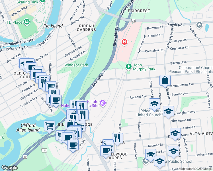 map of restaurants, bars, coffee shops, grocery stores, and more near 2030 Cabot Street in Ottawa