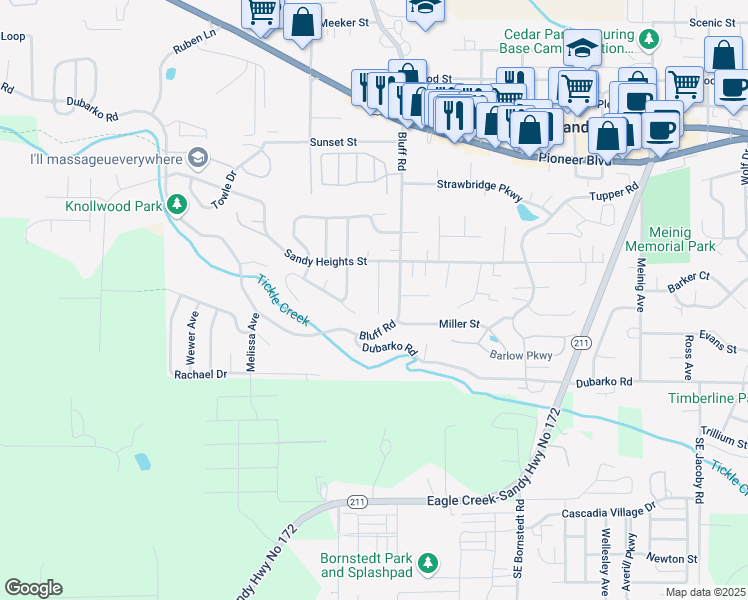 map of restaurants, bars, coffee shops, grocery stores, and more near 18237 Bluff Road in Sandy