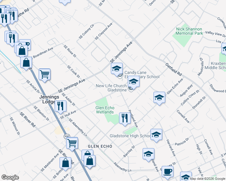 map of restaurants, bars, coffee shops, grocery stores, and more near 5710 Southeast Hull Avenue in Milwaukie