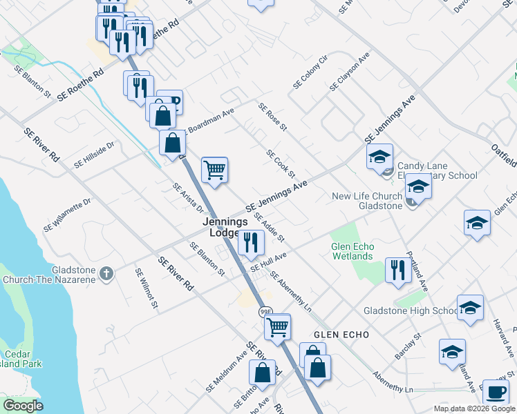 map of restaurants, bars, coffee shops, grocery stores, and more near 5214 Southeast Bandon Lane in Milwaukie