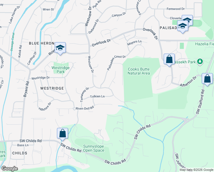 map of restaurants, bars, coffee shops, grocery stores, and more near 2661 Tolkien Lane in Lake Oswego