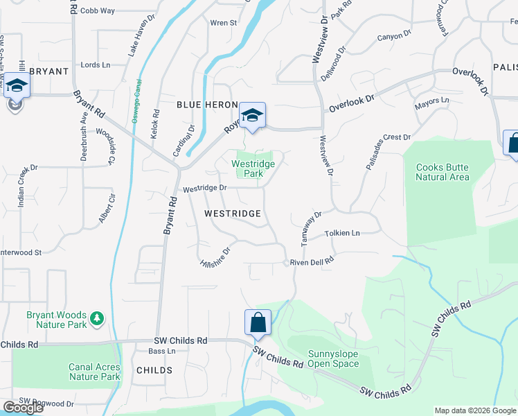 map of restaurants, bars, coffee shops, grocery stores, and more near 14 Westminster Drive in Lake Oswego