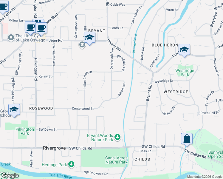 map of restaurants, bars, coffee shops, grocery stores, and more near 4401 Albert Circle in Lake Oswego
