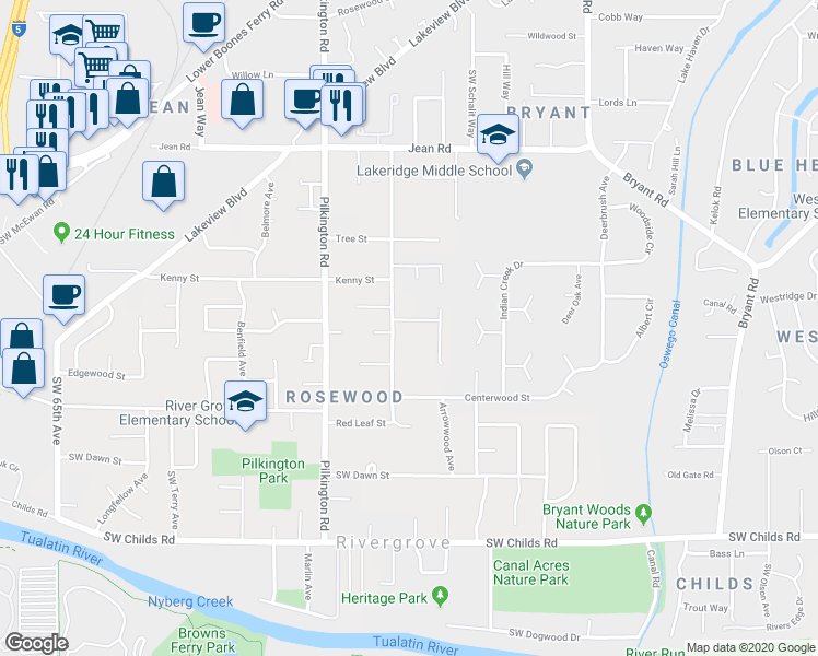 map of restaurants, bars, coffee shops, grocery stores, and more near 18640 Southwest Tualata Avenue in Lake Oswego