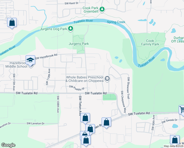 map of restaurants, bars, coffee shops, grocery stores, and more near 10270 Southwest Wasco Way in Tualatin