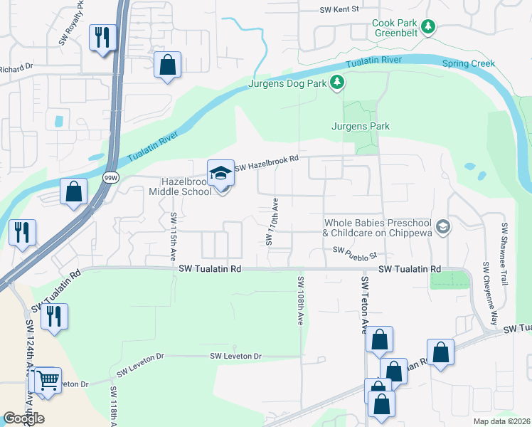 map of restaurants, bars, coffee shops, grocery stores, and more near 11020 Southwest Wishram Court in Tualatin