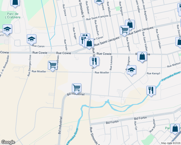 map of restaurants, bars, coffee shops, grocery stores, and more near 829 Rue Moeller in Granby