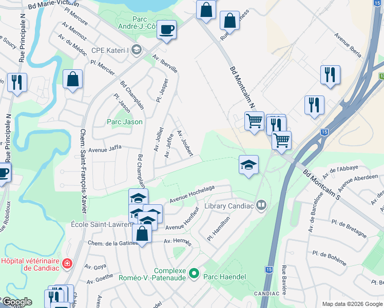 map of restaurants, bars, coffee shops, grocery stores, and more near 21 Avenue Joubert in Candiac