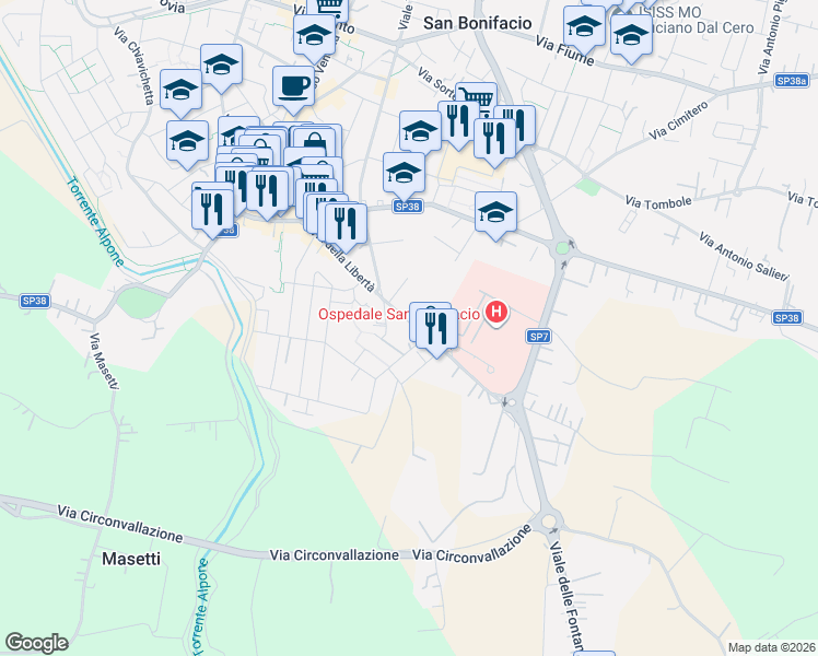 map of restaurants, bars, coffee shops, grocery stores, and more near 7 Via Asiago in San Bonifacio