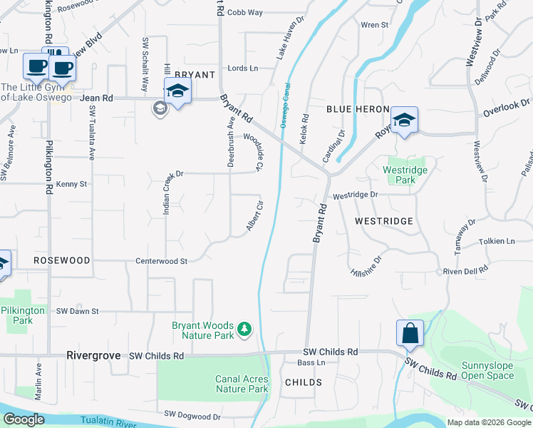 map of restaurants, bars, coffee shops, grocery stores, and more near 4258 Albert Circle in Lake Oswego
