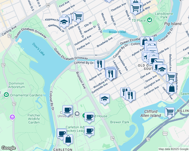map of restaurants, bars, coffee shops, grocery stores, and more near 167 Aylmer Avenue in Ottawa