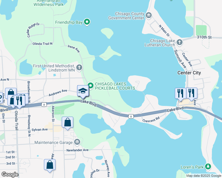 map of restaurants, bars, coffee shops, grocery stores, and more near 30645 Nystrom Lane in Lindstrom