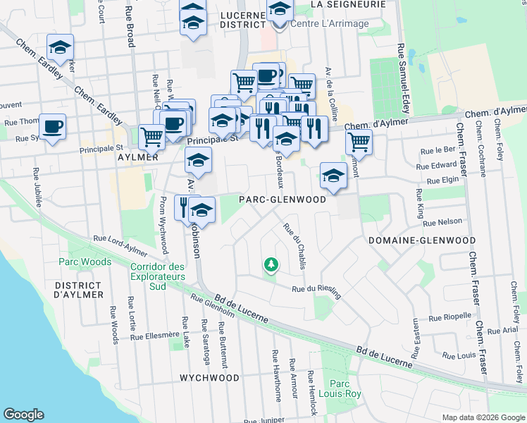 map of restaurants, bars, coffee shops, grocery stores, and more near 111 Rue Élizabeth in Gatineau