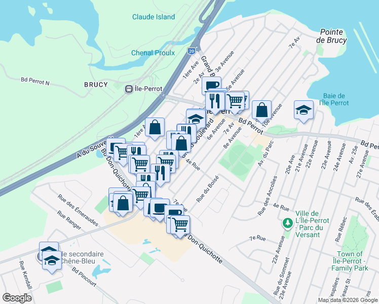 map of restaurants, bars, coffee shops, grocery stores, and more near 327 Grand Boulevard in L'Île-Perrot