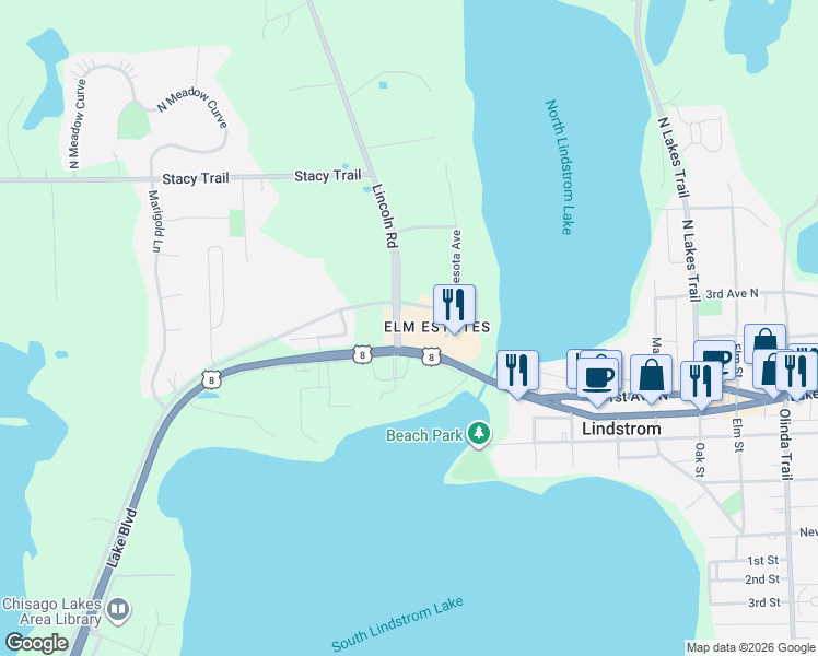 map of restaurants, bars, coffee shops, grocery stores, and more near 30703 Lincoln Rd in Lindstrom