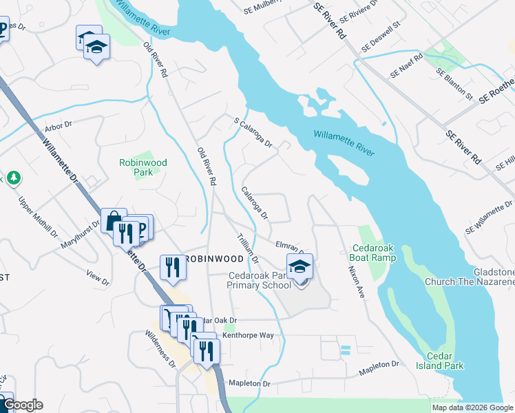 map of restaurants, bars, coffee shops, grocery stores, and more near 4668 Calaroga Drive in West Linn