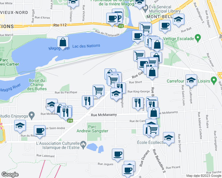 map of restaurants, bars, coffee shops, grocery stores, and more near 987 Rue Galt Ouest in Sherbrooke