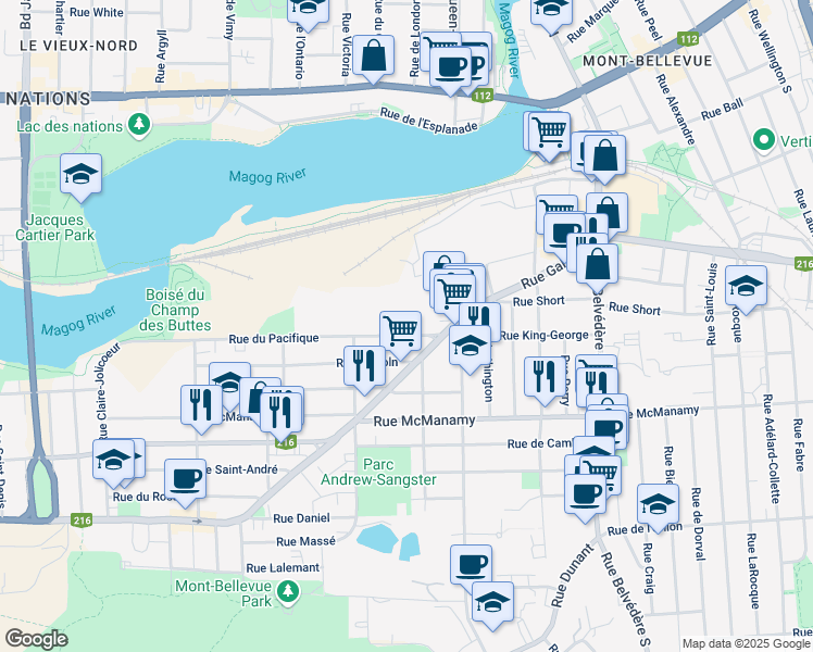 map of restaurants, bars, coffee shops, grocery stores, and more near 1065 Rue du Pacifique in Sherbrooke