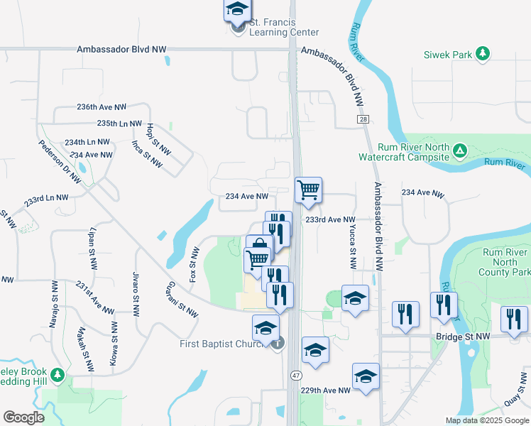 map of restaurants, bars, coffee shops, grocery stores, and more near 23280 Saint Francis Boulevard Northwest in Saint Francis