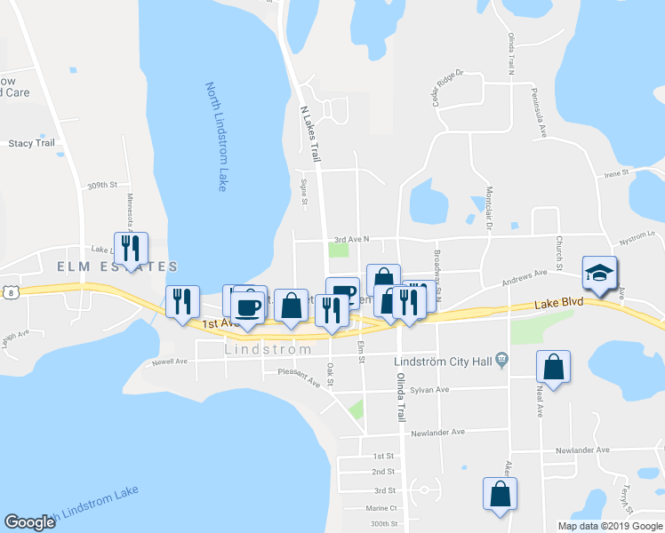 map of restaurants, bars, coffee shops, grocery stores, and more near 12920 North 2nd Avenue in Lindstrom