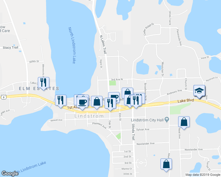 map of restaurants, bars, coffee shops, grocery stores, and more near 12920 2nd Avenue North in Lindstrom