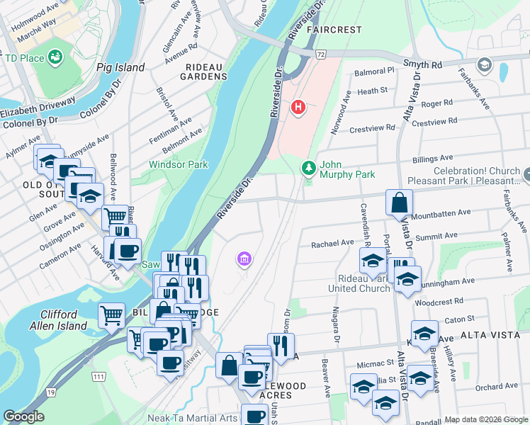 map of restaurants, bars, coffee shops, grocery stores, and more near 2029 Cabot Street in Ottawa