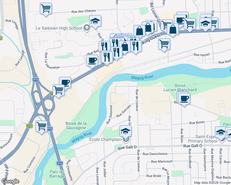 map of restaurants, bars, coffee shops, grocery stores, and more near Rue Delorme in Sherbrooke