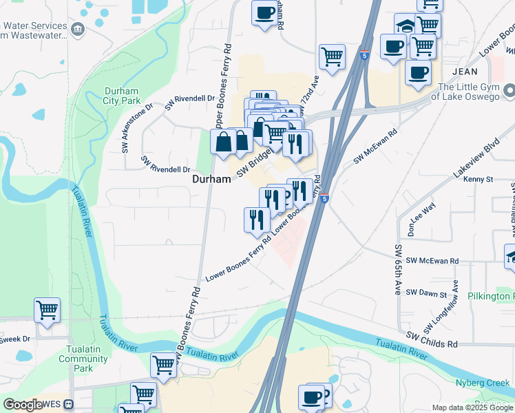 map of restaurants, bars, coffee shops, grocery stores, and more near 7410 Southwest Bridgeport Road in Portland