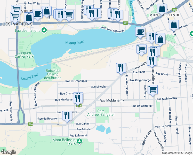 map of restaurants, bars, coffee shops, grocery stores, and more near 1065 Rue du Pacifique in Sherbrooke